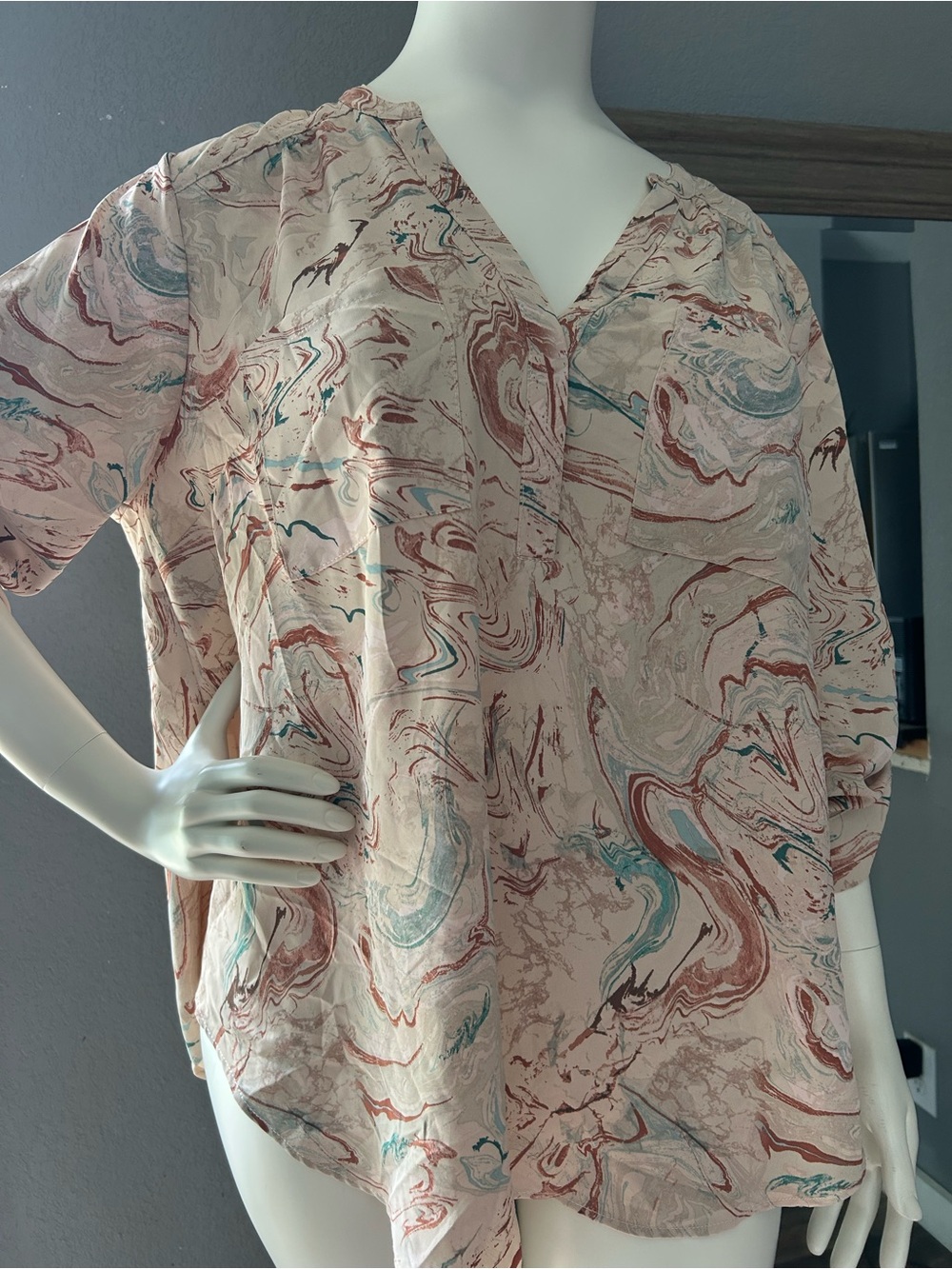 torrid Marble-Print V-Neck Blouse in Blush with Teal & Rust Swirls